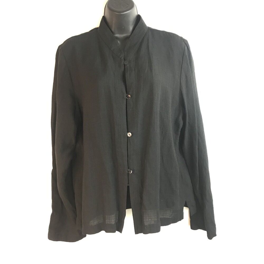 Eileen Fisher Black Linen Blend Button Front Blouse Jacket Long Sleeve Medium